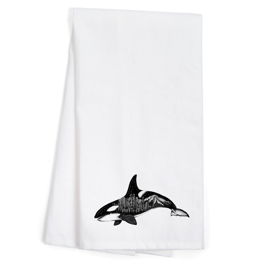 Orca and Seattle Skyline, Double Exposure, Organic Cotton Kitchen Tea Towels Kitchen Lantern Press 