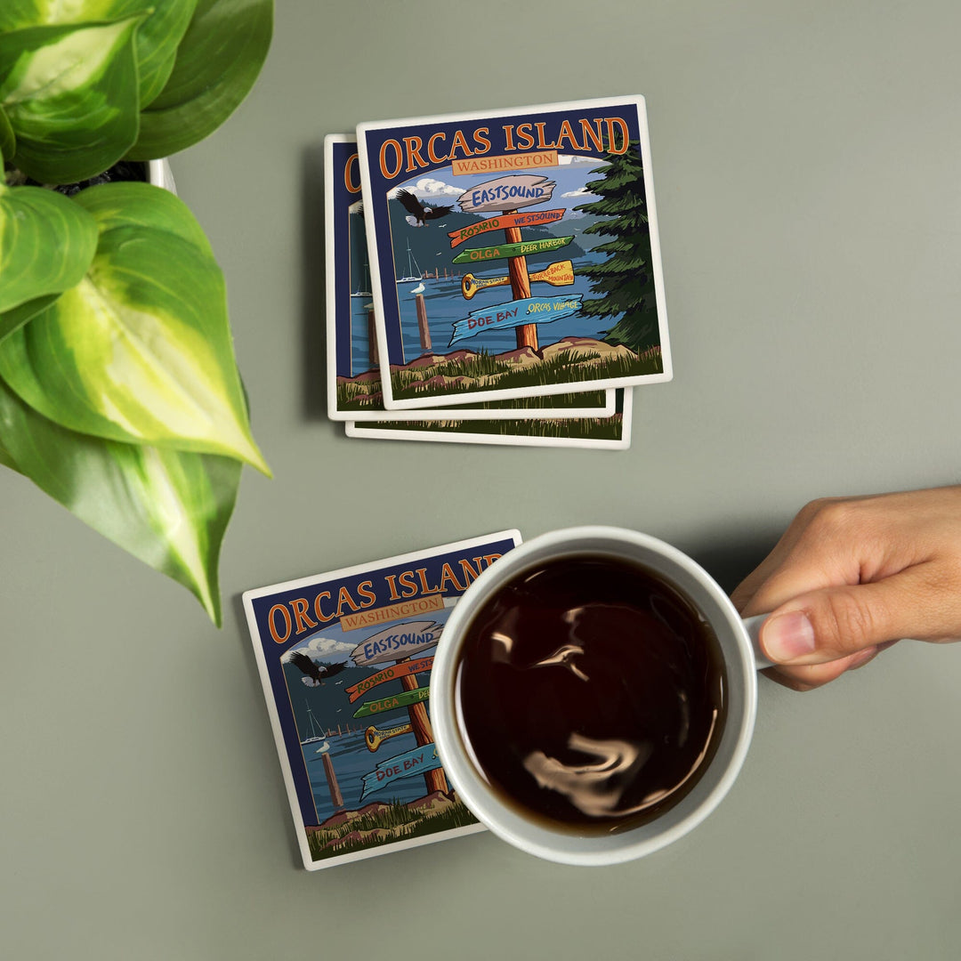 Orcas Island, WA, Destination Sign, Lantern Press Poster, Coaster Set Coasters Lantern Press 