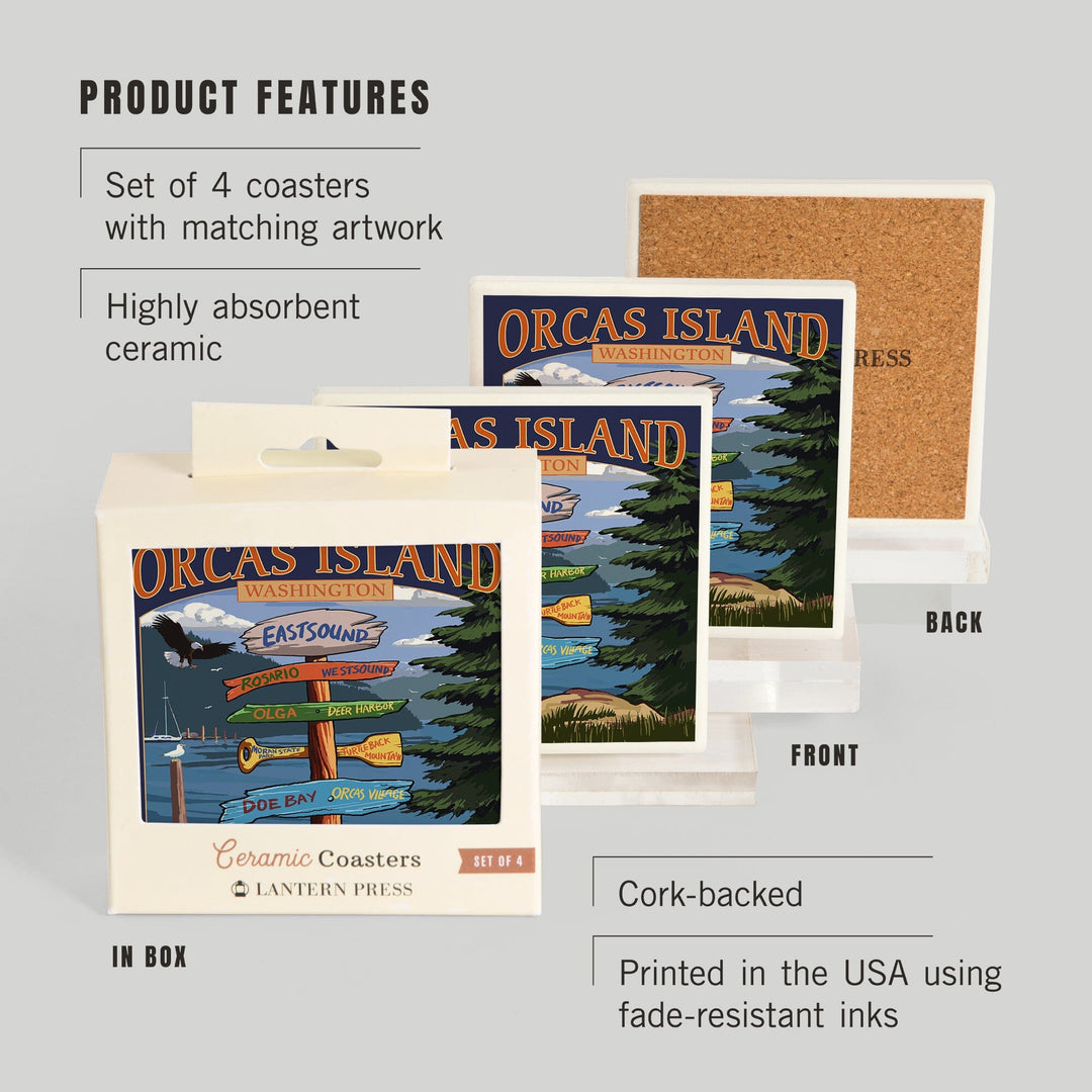 Orcas Island, WA, Destination Sign, Lantern Press Poster, Coaster Set Coasters Lantern Press 