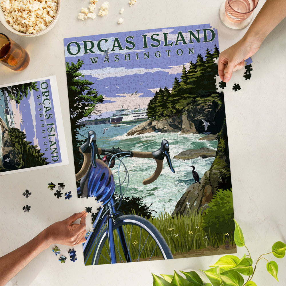 Orcas Island, Washington, Coastal Scene, Bike and Ferry, Jigsaw Puzzle Puzzle Lantern Press 