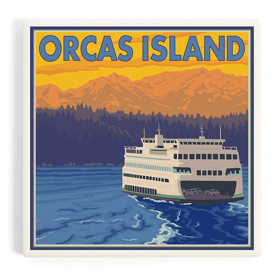 Orcas Island, Washington, Ferry and Mountains, Coasters Coasters Lantern Press 