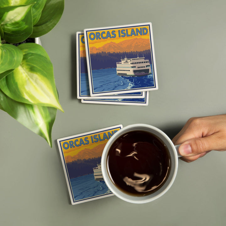 Orcas Island, Washington, Ferry and Mountains, Coasters Coasters Lantern Press 