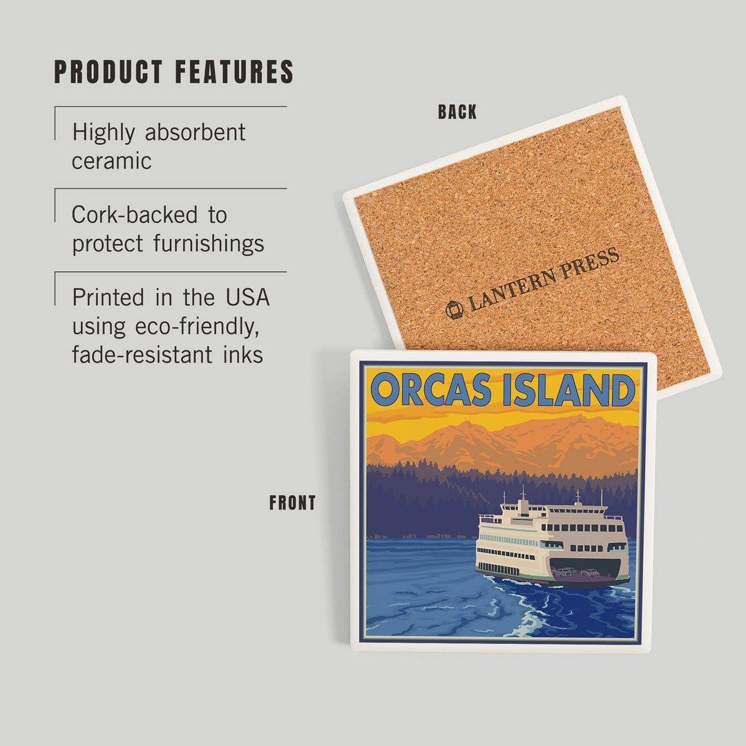 Orcas Island, Washington, Ferry and Mountains, Coasters Coasters Lantern Press 