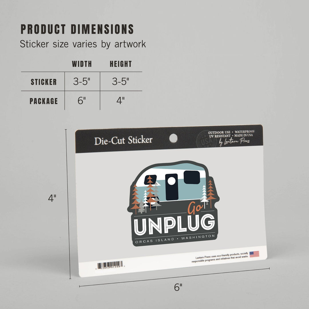 Orcas Island, Washington, Go Unplug, Retro Camper, Vector, Contour, Vinyl Sticker Sticker Lantern Press 