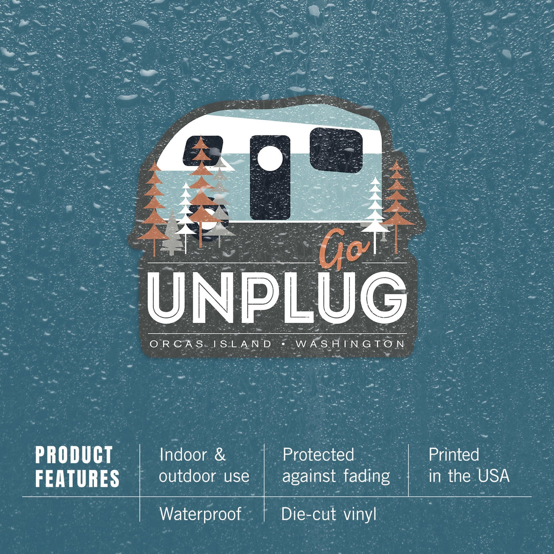 Orcas Island, Washington, Go Unplug, Retro Camper, Vector, Contour, Vinyl Sticker Sticker Lantern Press 