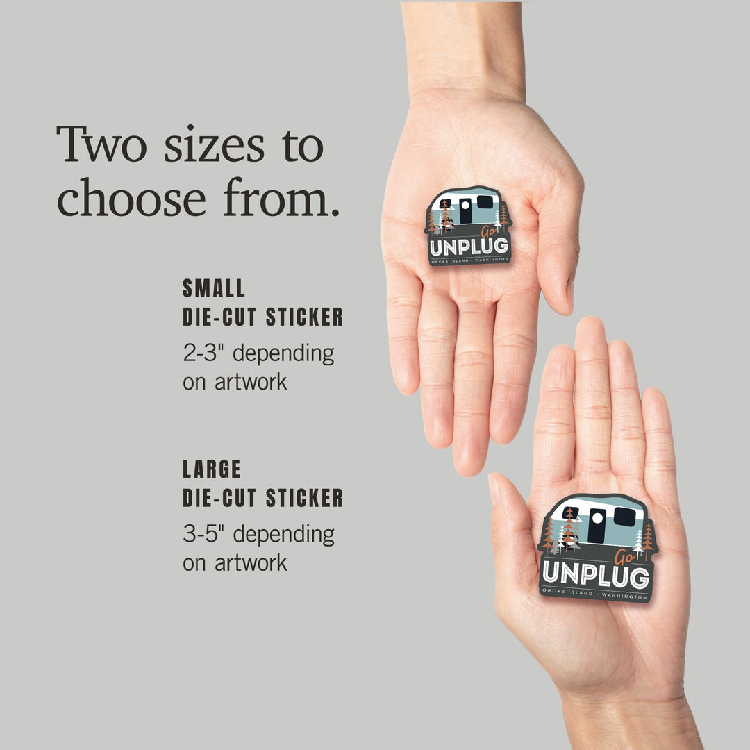 Orcas Island, Washington, Go Unplug, Retro Camper, Vector, Contour, Vinyl Sticker Sticker Lantern Press 