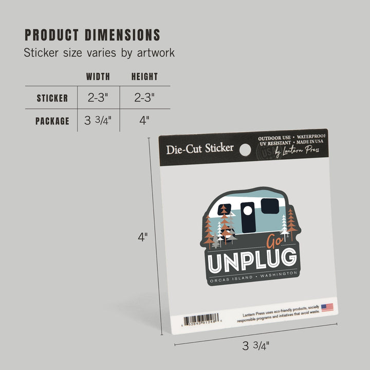 Orcas Island, Washington, Go Unplug, Retro Camper, Vector, Contour, Vinyl Sticker Sticker Lantern Press 