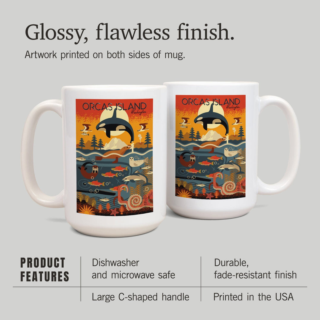 Orcas Island, Washington, Marine Animals, Geometric, Lantern Press Artwork, Ceramic Mug Mugs Lantern Press 
