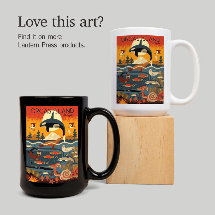 Orcas Island, Washington, Marine Animals, Geometric, Lantern Press Artwork, Ceramic Mug Mugs Lantern Press 