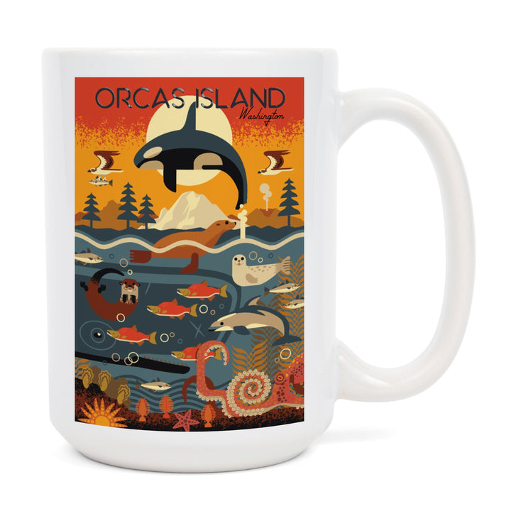 Orcas Island, Washington, Marine Animals, Geometric, Lantern Press Artwork, Ceramic Mug Mugs Lantern Press 