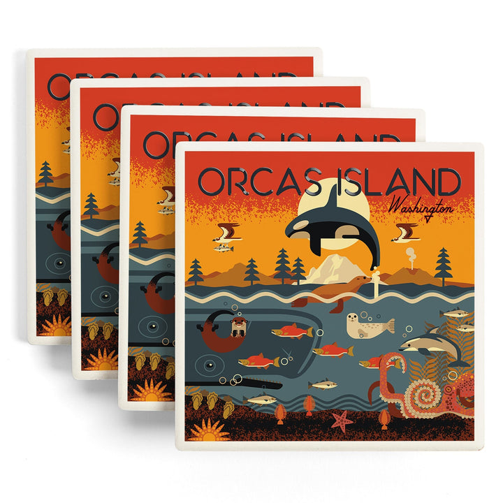 Orcas Island, Washington, Marine Animals, Geometric, Lantern Press Artwork, Coaster Set Coasters Lantern Press 