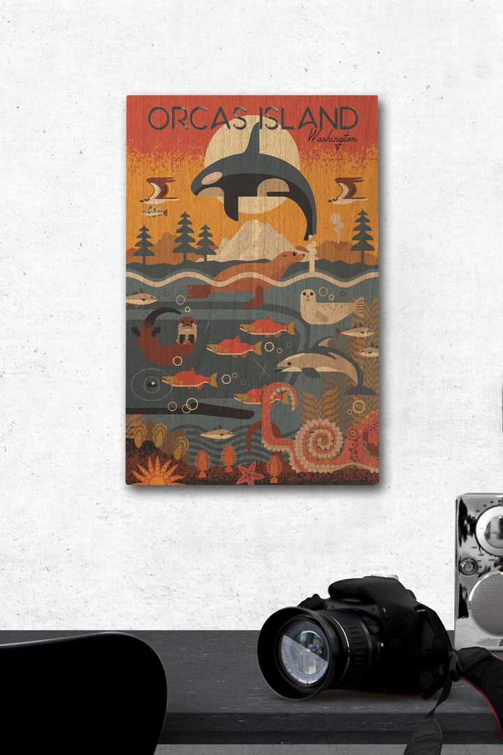 Orcas Island, Washington, Marine Animals, Geometric, Lantern Press Artwork, Wood Signs and Postcards Wood Lantern Press 12 x 18 Wood Gallery Print 