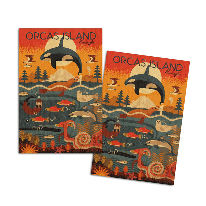 Orcas Island, Washington, Marine Animals, Geometric, Lantern Press Artwork, Wood Signs and Postcards Wood Lantern Press 4x6 Wood Postcard Set 