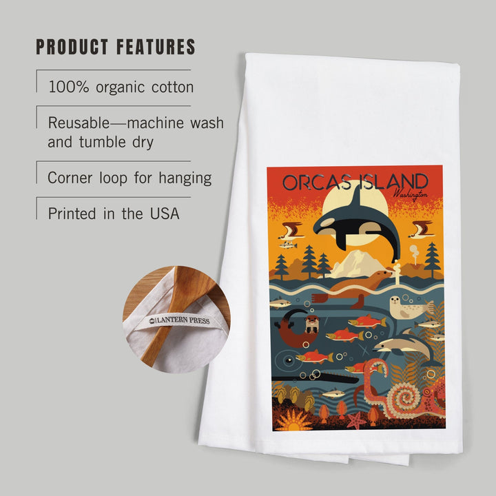 Orcas Island, Washington, Marine Animals, Geometric, Organic Cotton Kitchen Tea Towels Kitchen Lantern Press 