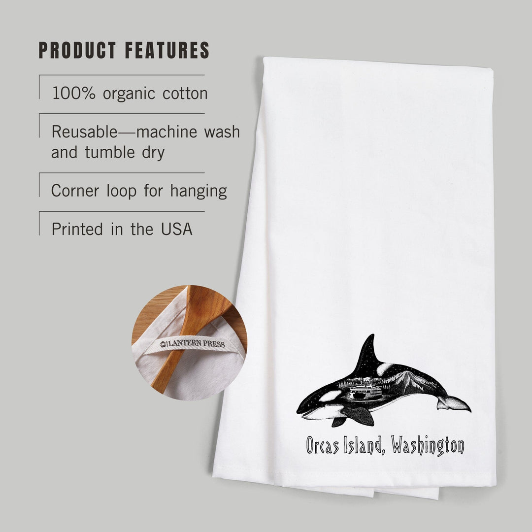 Orcas Island, Washington, Orca, Ferry and Mount Rainier, Double Exposure, Organic Cotton Kitchen Tea Towels Kitchen Lantern Press 