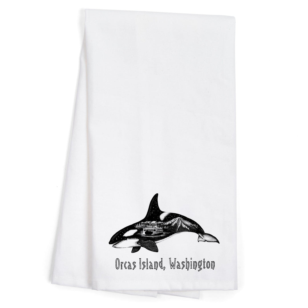 Orcas Island, Washington, Orca, Ferry and Mount Rainier, Double Exposure, Organic Cotton Kitchen Tea Towels Kitchen Lantern Press 