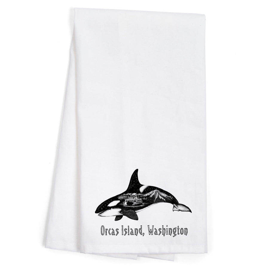 Orcas Island, Washington, Orca, Ferry and Mount Rainier, Double Exposure, Organic Cotton Kitchen Tea Towels Kitchen Lantern Press 