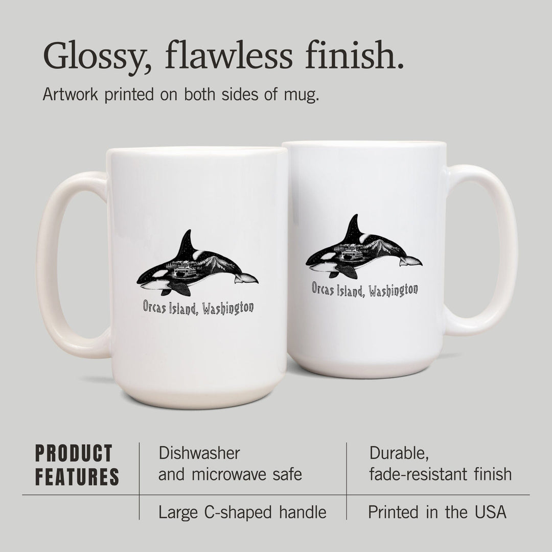 Orcas Island, Washington, Orca, Ferry & Mount Rainier, Double Exposure, Lantern Press Artwork, Ceramic Mug Mugs Lantern Press 