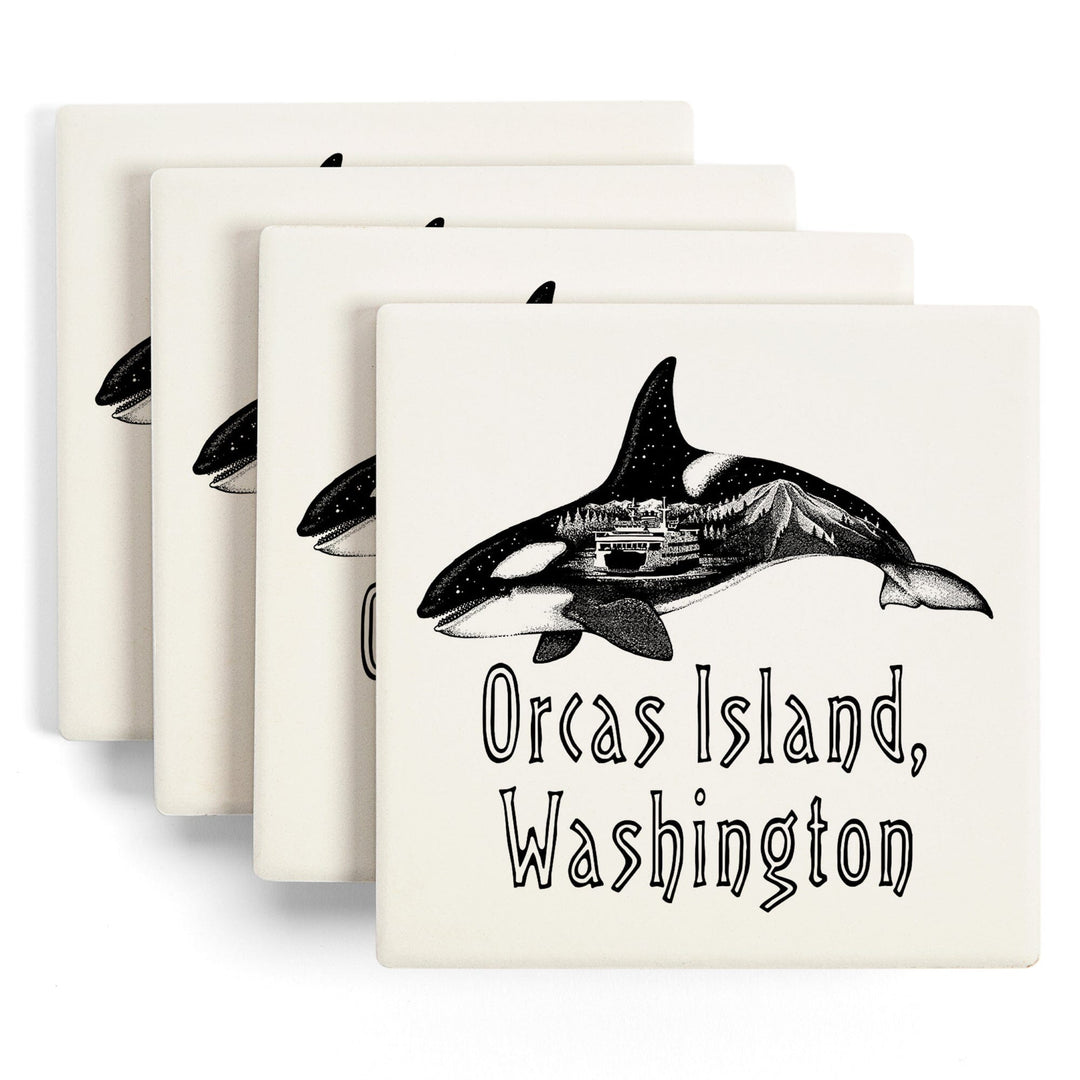 Orcas Island, Washington, Orca, Ferry & Mount Rainier, Double Exposure, Lantern Press Artwork, Coaster Set Coasters Lantern Press 