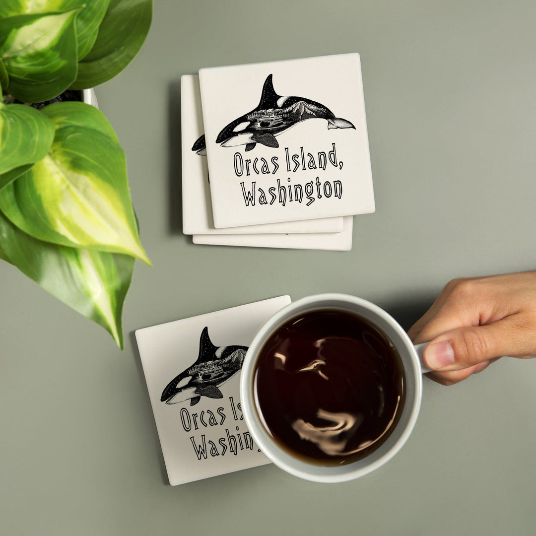 Orcas Island, Washington, Orca, Ferry & Mount Rainier, Double Exposure, Lantern Press Artwork, Coaster Set Coasters Lantern Press 