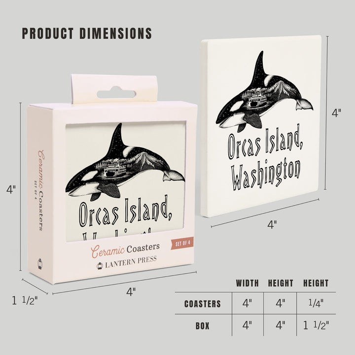 Orcas Island, Washington, Orca, Ferry & Mount Rainier, Double Exposure, Lantern Press Artwork, Coaster Set Coasters Lantern Press 