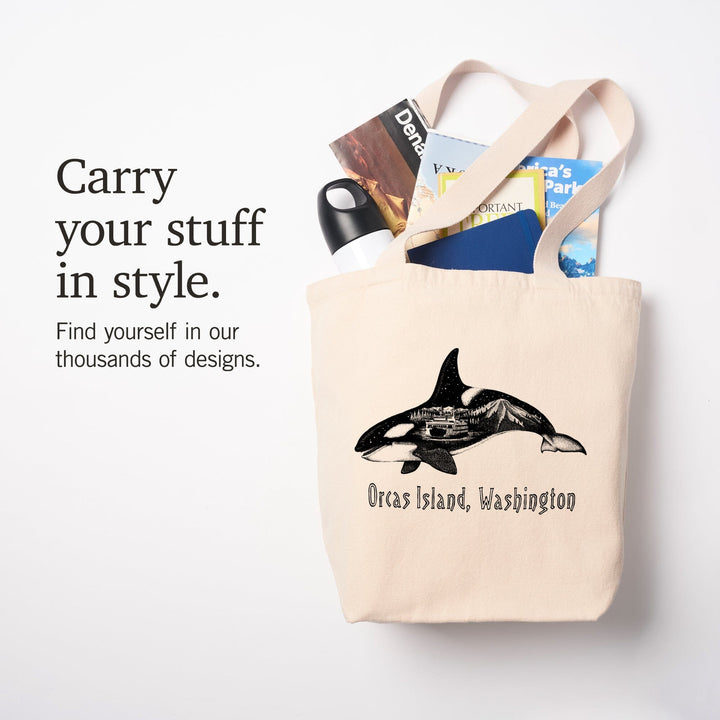 Orcas Island, Washington, Orca, Ferry & Mount Rainier, Double Exposure, Lantern Press Artwork, Tote Bag Totes Lantern Press 