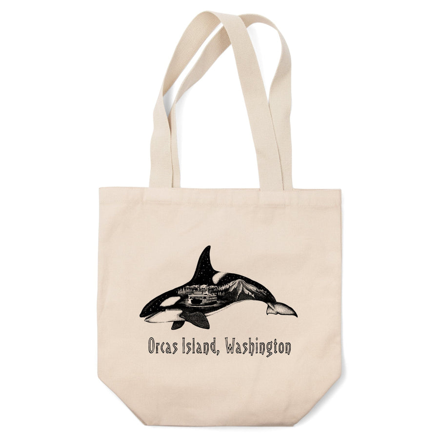 Orcas Island, Washington, Orca, Ferry & Mount Rainier, Double Exposure, Lantern Press Artwork, Tote Bag Totes Lantern Press 