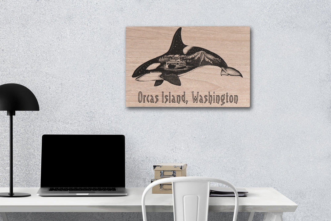 Orcas Island, Washington, Orca, Ferry & Mount Rainier, Double Exposure, Lantern Press Artwork, Wood Signs and Postcards Wood Lantern Press 12 x 18 Wood Gallery Print 