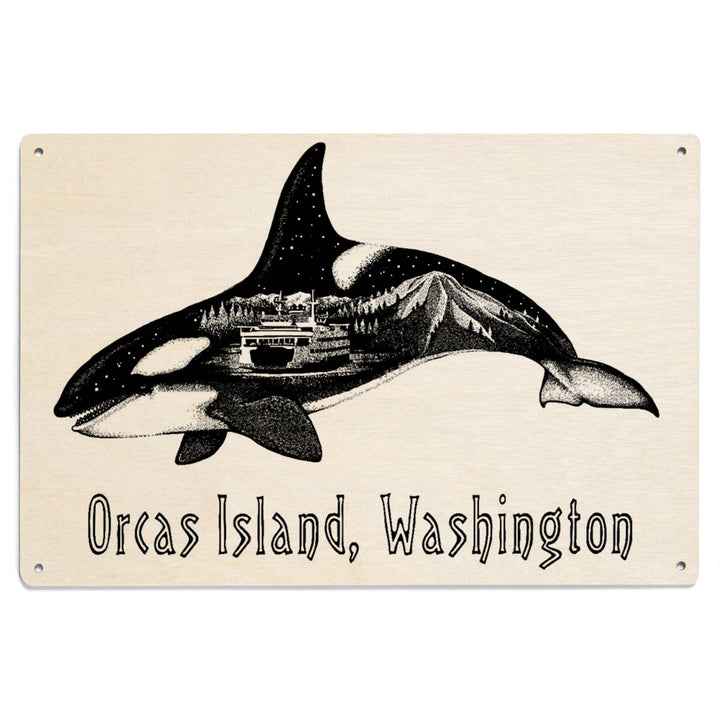 Orcas Island, Washington, Orca, Ferry & Mount Rainier, Double Exposure, Lantern Press Artwork, Wood Signs and Postcards Wood Lantern Press 