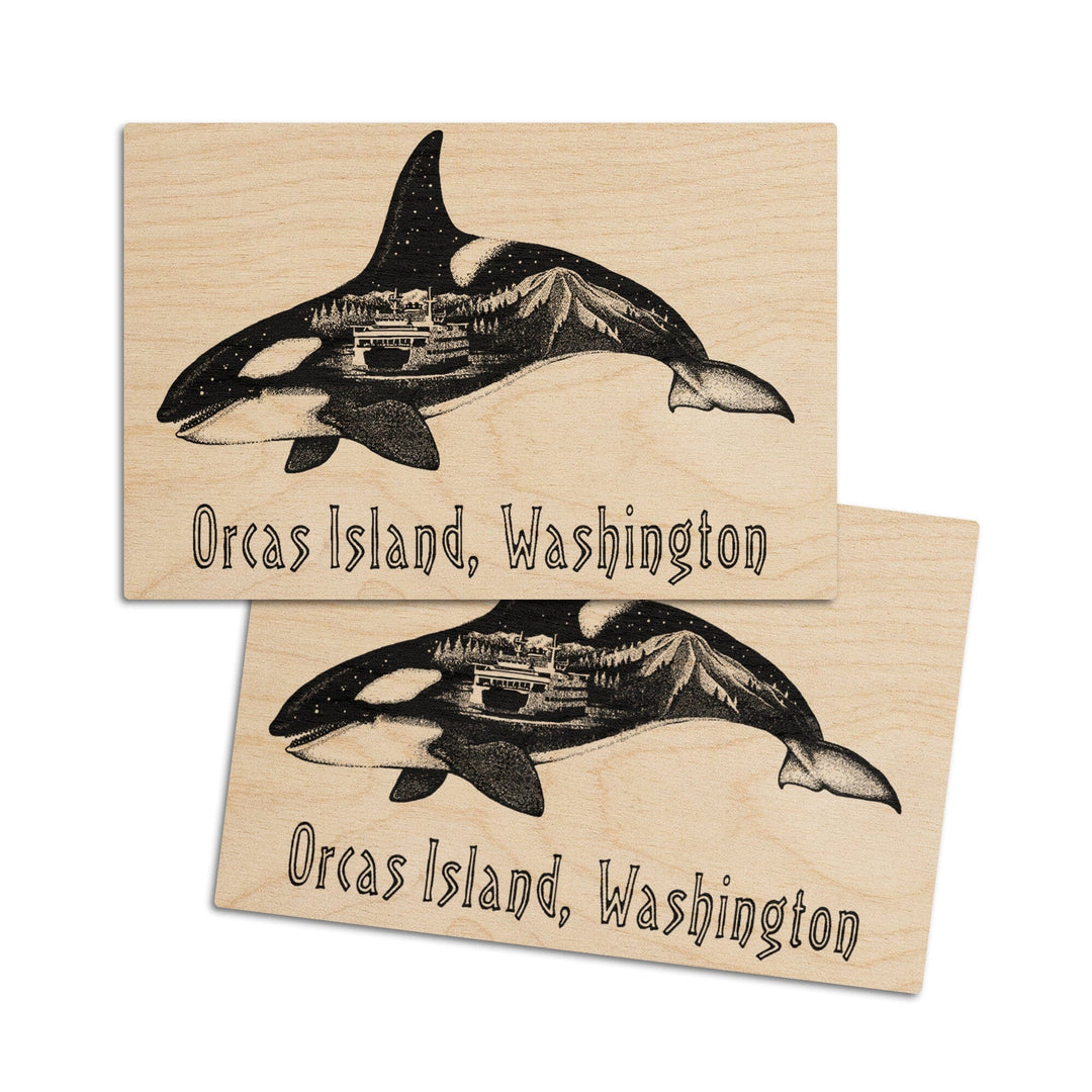 Orcas Island, Washington, Orca, Ferry & Mount Rainier, Double Exposure, Lantern Press Artwork, Wood Signs and Postcards Wood Lantern Press 4x6 Wood Postcard Set 