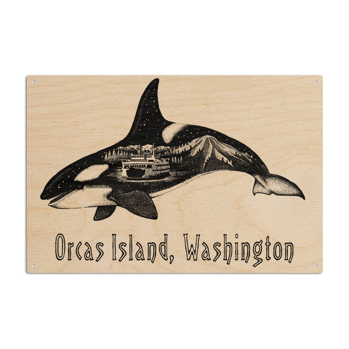 Orcas Island, Washington, Orca, Ferry & Mount Rainier, Double Exposure, Lantern Press Artwork, Wood Signs and Postcards Wood Lantern Press 6x9 Wood Sign 