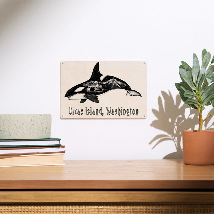 Orcas Island, Washington, Orca, Ferry & Mount Rainier, Double Exposure, Lantern Press Artwork, Wood Signs and Postcards Wood Lantern Press 