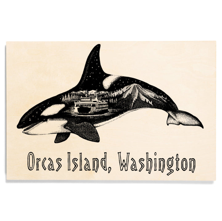 Orcas Island, Washington, Orca, Ferry & Mount Rainier, Double Exposure, Lantern Press Artwork, Wood Signs and Postcards Wood Lantern Press 