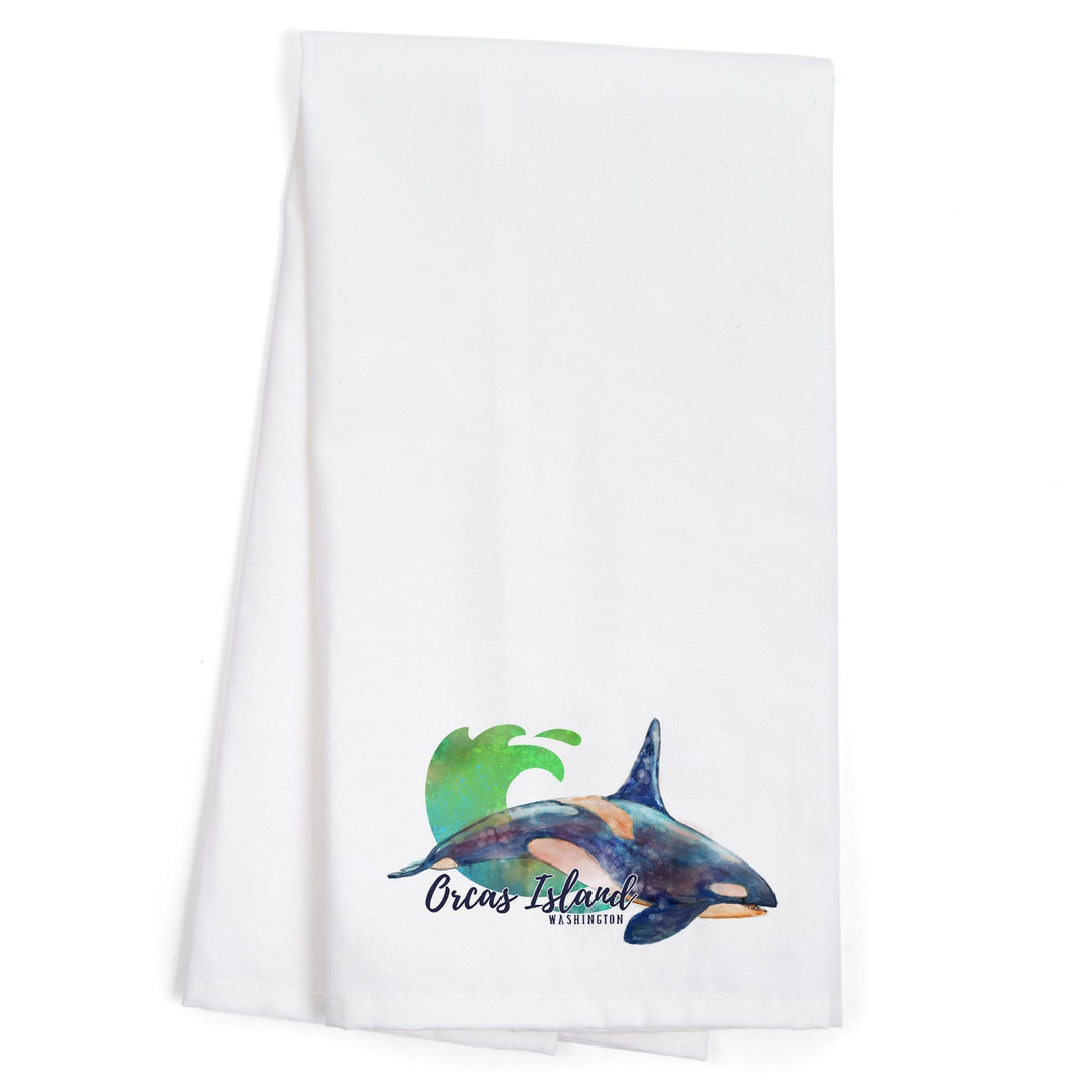 Orcas Island, Washington, Orca, Watercolor, Contour, Organic Cotton Kitchen Tea Towels Kitchen Lantern Press 