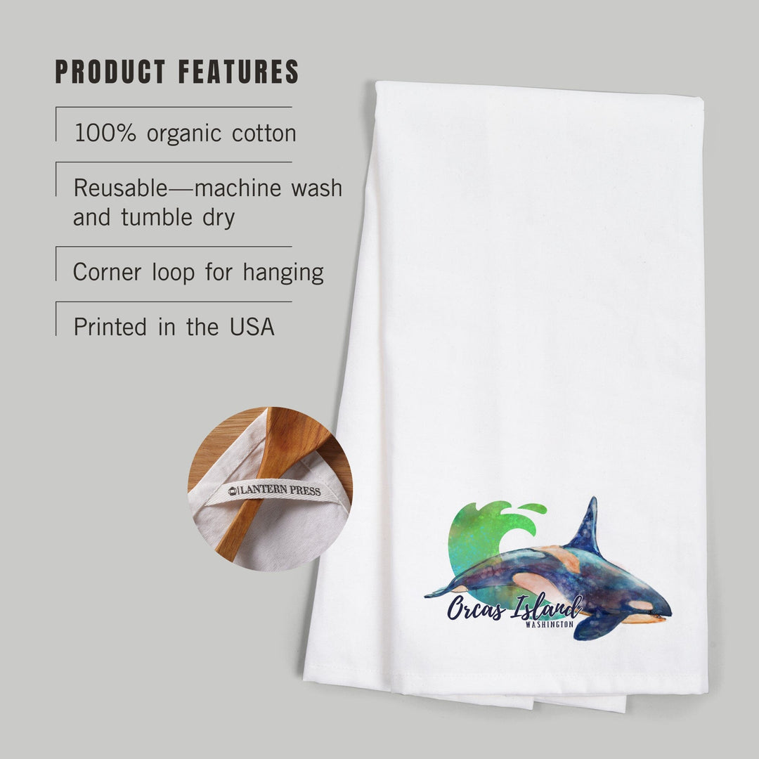 Orcas Island, Washington, Orca, Watercolor, Contour, Organic Cotton Kitchen Tea Towels Kitchen Lantern Press 