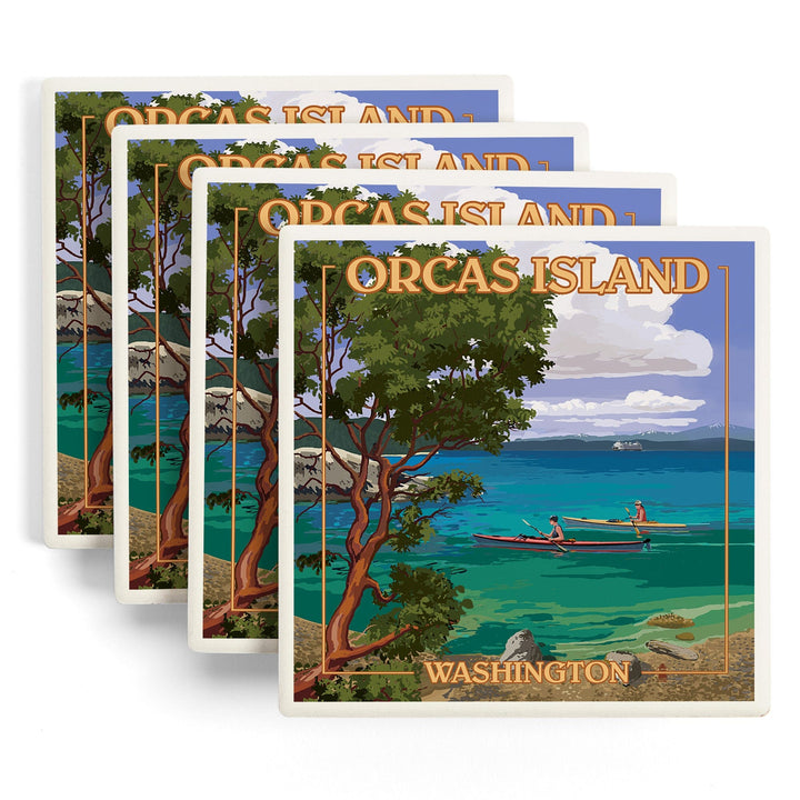 Orcas Island, Washington, San Juan Islands, Kayakers, Lantern Press Artwork, Coaster Set Coasters Lantern Press 