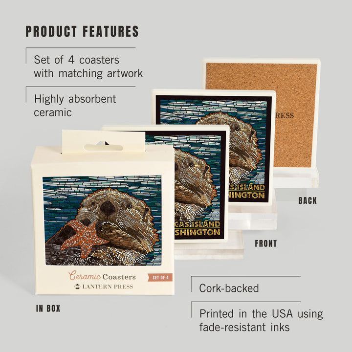 Orcas Island, Washington, Sea Otter, Mosaic, Lantern Press Artwork, Coaster Set Coasters Lantern Press 