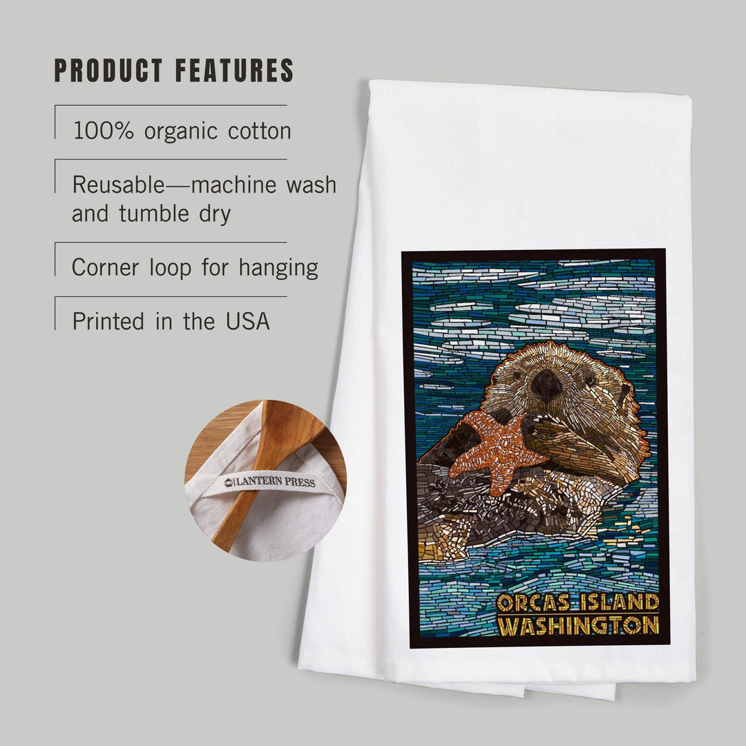 Orcas Island, Washington, Sea Otter, Mosaic, Organic Cotton Kitchen Tea Towels Kitchen Lantern Press 