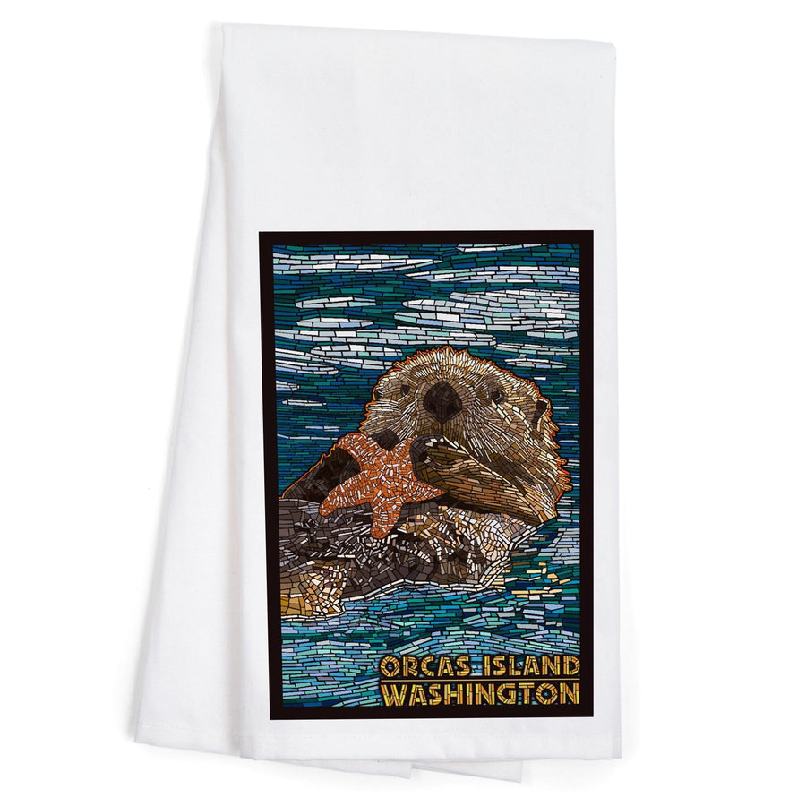 Orcas Island, Washington, Sea Otter, Mosaic, Organic Cotton Kitchen Tea Towels Kitchen Lantern Press 
