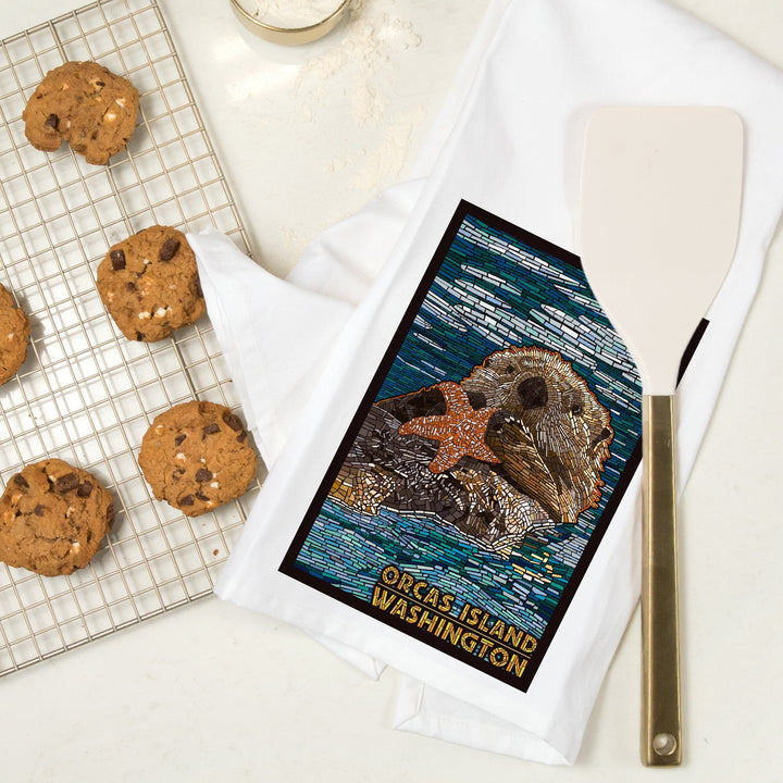 Orcas Island, Washington, Sea Otter, Mosaic, Organic Cotton Kitchen Tea Towels Kitchen Lantern Press 