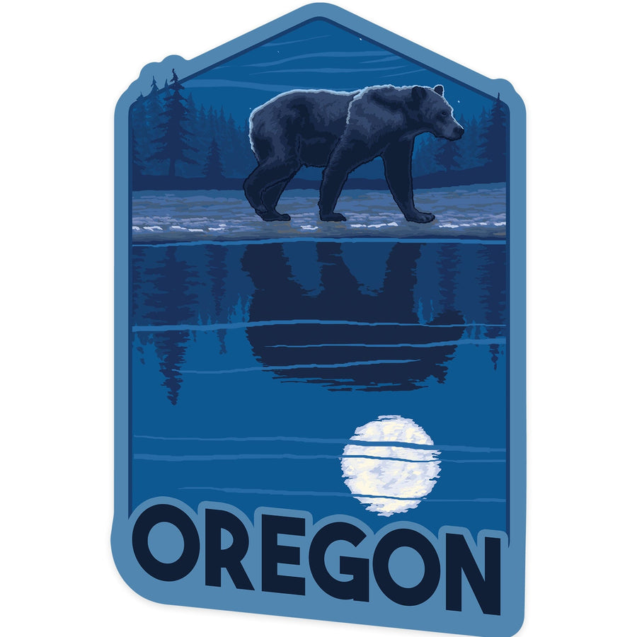 Oregon, Bear and Reflection at Night, Contour, Vinyl Sticker Sticker Lantern Press 