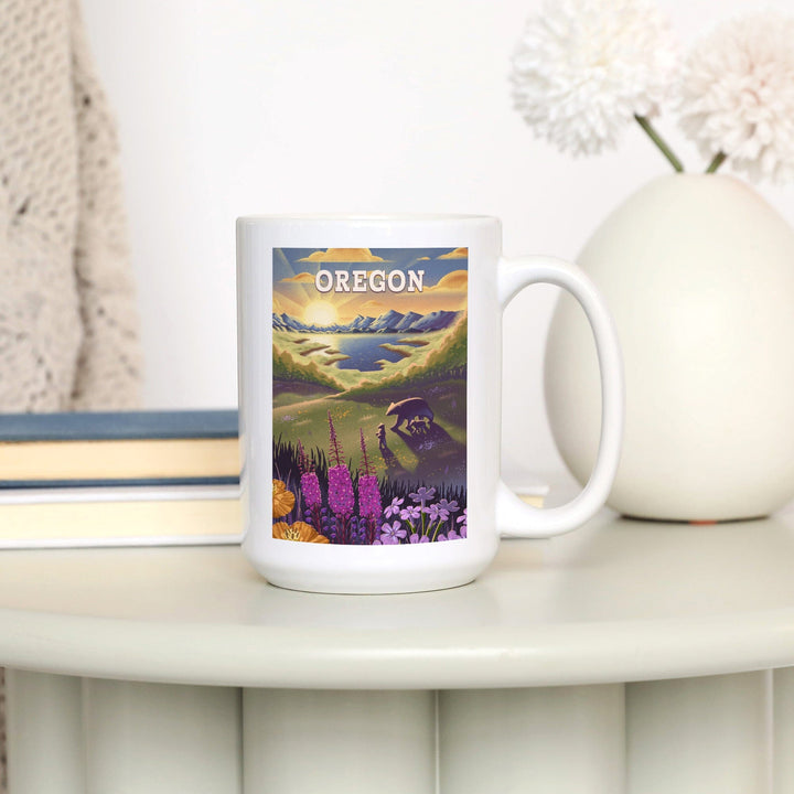 Oregon, Bear and Spring Flowers, Lithograph, Ceramic Mug Mugs Lantern Press 