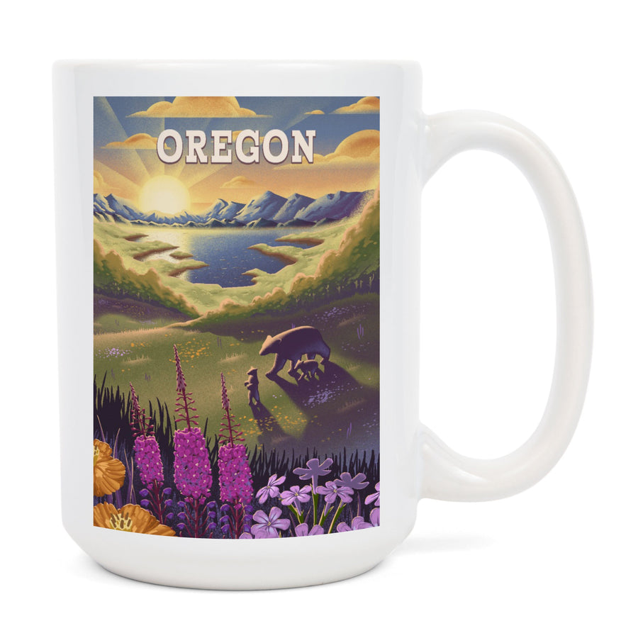 Oregon, Bear and Spring Flowers, Lithograph, Ceramic Mug Mugs Lantern Press 