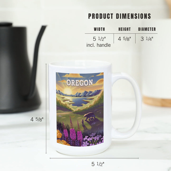 Oregon, Bear and Spring Flowers, Lithograph, Ceramic Mug Mugs Lantern Press 