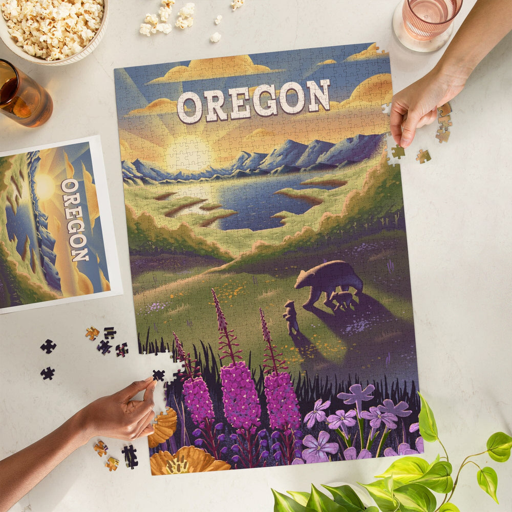 Oregon, Bear and Spring Flowers, Lithograph, Jigsaw Puzzle Puzzle Lantern Press 