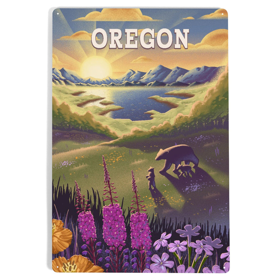 Oregon, Bear and Spring Flowers, Lithograph, Metal Signs Metal Lantern Press 