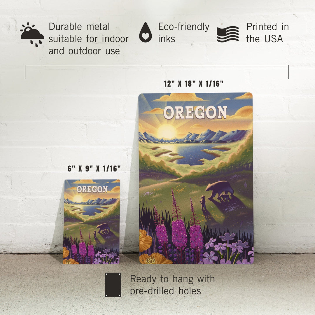 Oregon, Bear and Spring Flowers, Lithograph, Metal Signs Metal Lantern Press 