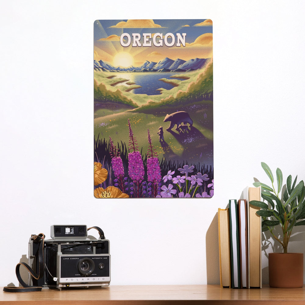 Oregon, Bear and Spring Flowers, Lithograph, Metal Signs Metal Lantern Press 
