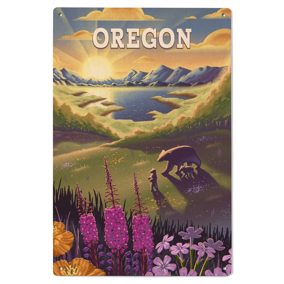 Oregon, Bear and Spring Flowers, Lithograph, Wood Signs and Postcards Wood Lantern Press 