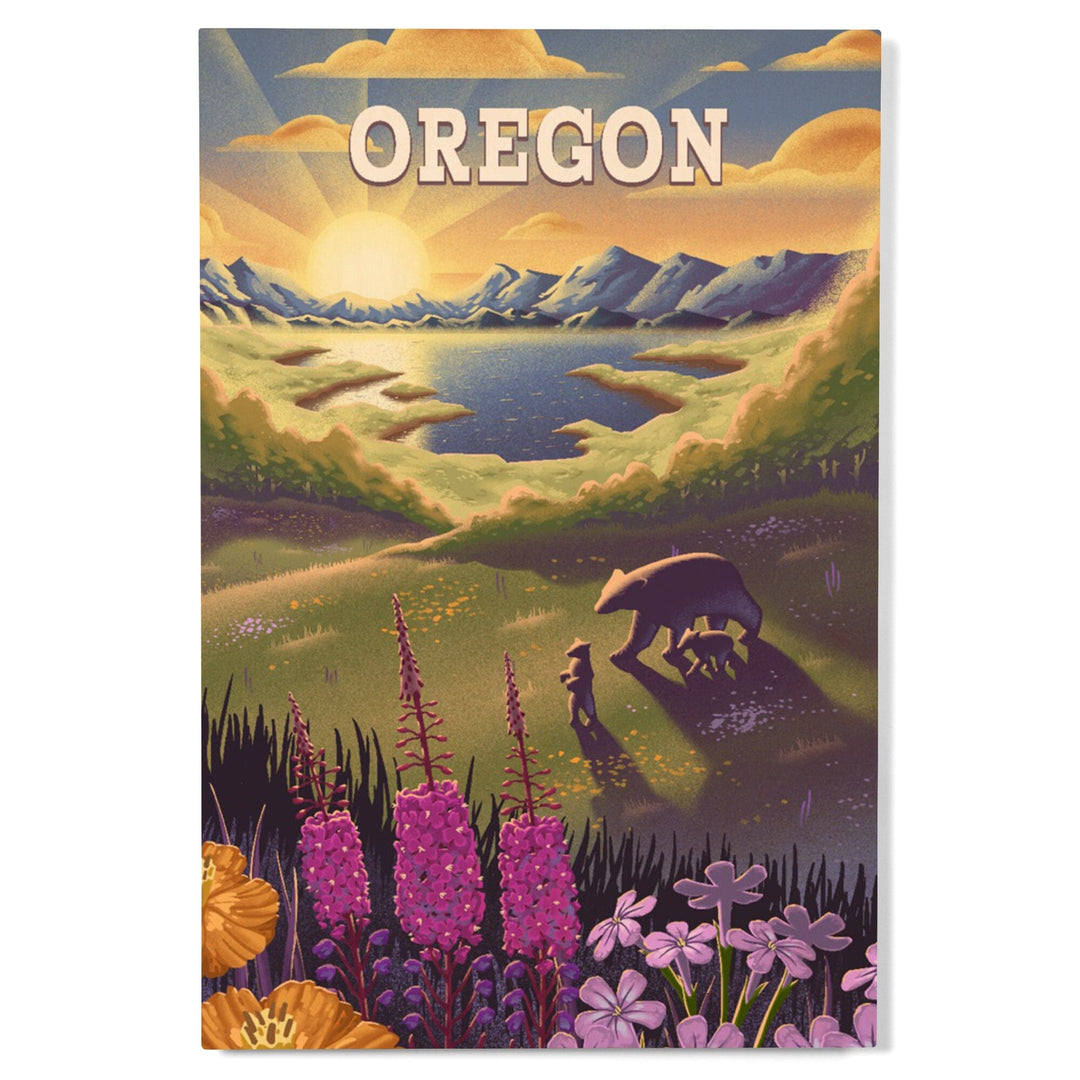 Oregon, Bear and Spring Flowers, Lithograph, Wood Signs and Postcards Wood Lantern Press 